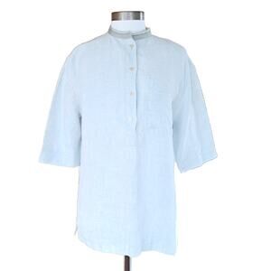 LAFAYETTE 148 Pale Blue Linen Tunic Top Size Small Stand Collar Short Sleeve